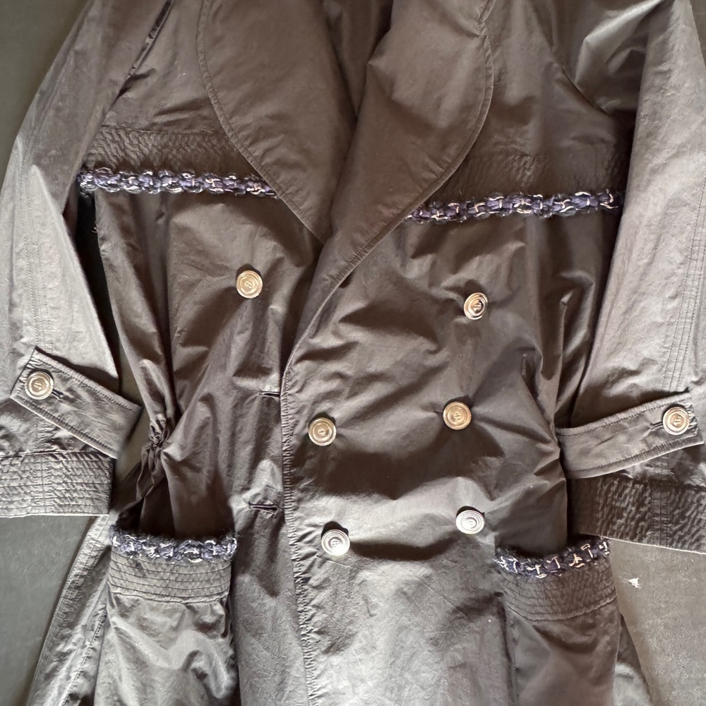 Elegant Chanel Black Double-Breasted Women's Nylon Trench Coat w Tweed Detail